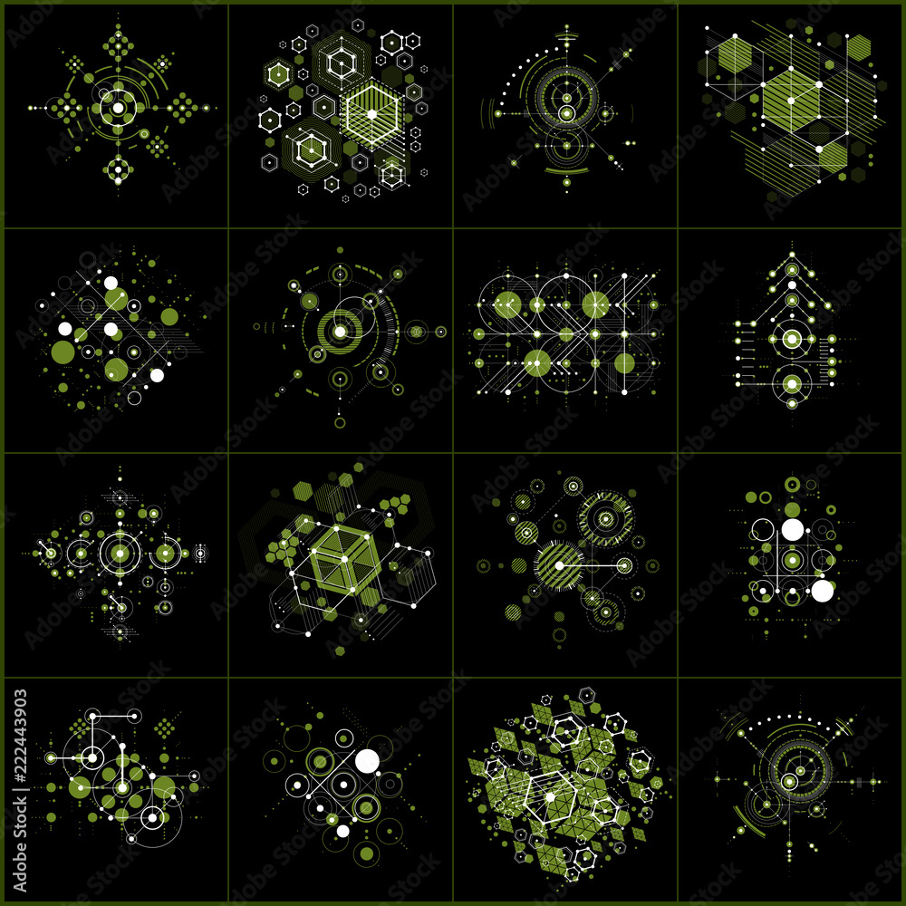 Poster set of vector abstract green backgrounds created in bauhaus retro style using honeycombs and circles