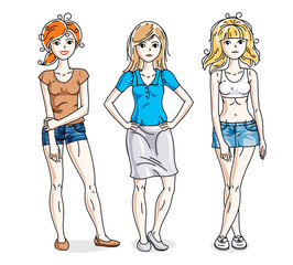 Attractive young women standing wearing fashionable casual clothes. Vector characters set. Fashion and lifestyle theme cartoons.