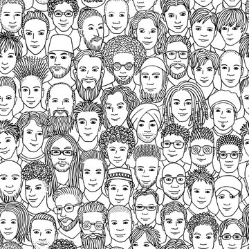 Men - hand drawn seamless pattern of a crowd of different men from diverse ethnic backgrounds in black and white