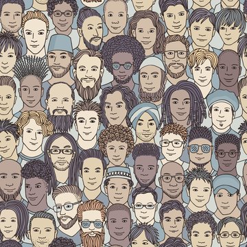 Men - hand drawn seamless pattern of a crowd of different men from diverse ethnic backgrounds