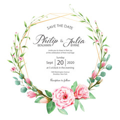 Beautiful pink floral wedding invitation card on white background. Vector, water color.