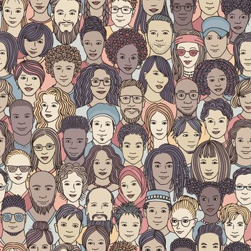 Diverse crowd of people - seamless pattern of hand drawn faces of various ethnicities