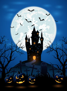 Halloween night with dark castle and pumpkins