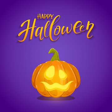 Happy Halloween and Pumpkin on Purple Background