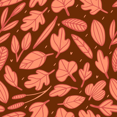 Hand drawn vector seamless autumn pattern with leaves. Hand sketch of fall leaves ornament for fabric, wrapping paper and decoration. 
