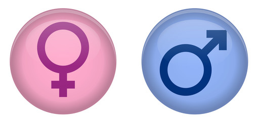 Simple male and female sign 3d circle button. Pink and blue version.