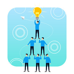 Tower of people team with idea lamp. Business success metaphor in minimalistic flat style. Cartoon vector illustration