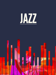 Jazz music background with colorful piano keys vector illustration. Artistic music festival poster, live concert, creative banner design with piano keyboard and word jazz - obrazy, fototapety, plakaty