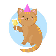 Kawaii style celebrating party cat with a glass of champagne in the paw vector illustration