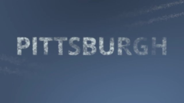 Flying airplanes reveal Pittsburgh caption. Traveling to the United States conceptual intro animation