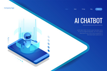 Isometric Artificial Intelligence. Chatbot and future marketing. AI and business IOT concept. Dialog help service. Vector illustration.