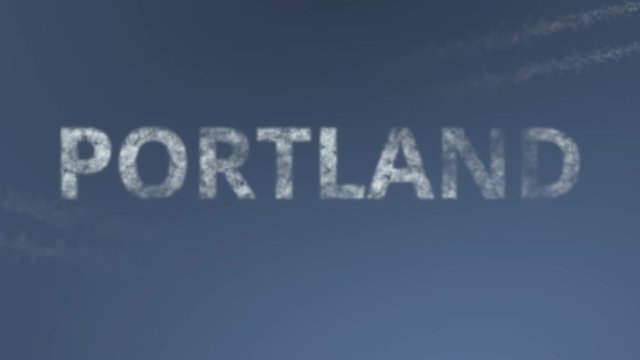 Flying airplanes reveal Portland caption. Traveling to the United States conceptual intro animation
