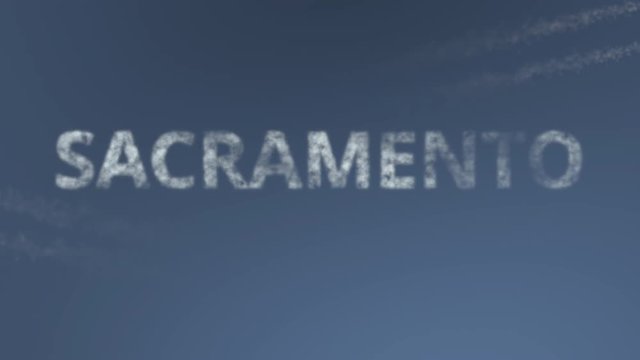 Flying airplanes reveal Sacramento caption. Traveling to the United States conceptual intro animation