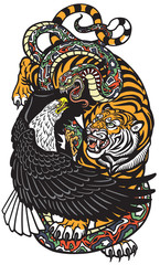eagle snake and tiger. Three spiritual symbolic animals . Tattoo style vector illustration