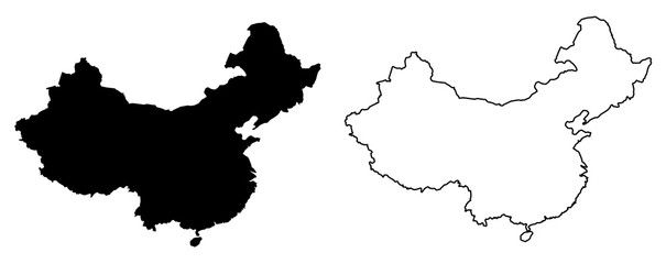 Simple (only sharp corners) map of China vector drawing. Filled and outline version - obrazy, fototapety, plakaty