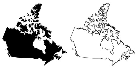 Simple (only sharp corners) map of Canada vector drawing. Lambert conformal conic projection. Filled and outline version. - obrazy, fototapety, plakaty