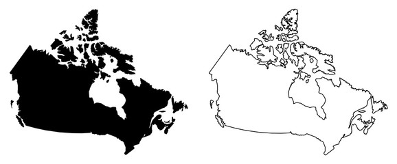 Simple (only sharp corners) map of Canada vector drawing. Mercator projection. Filled and outline version.