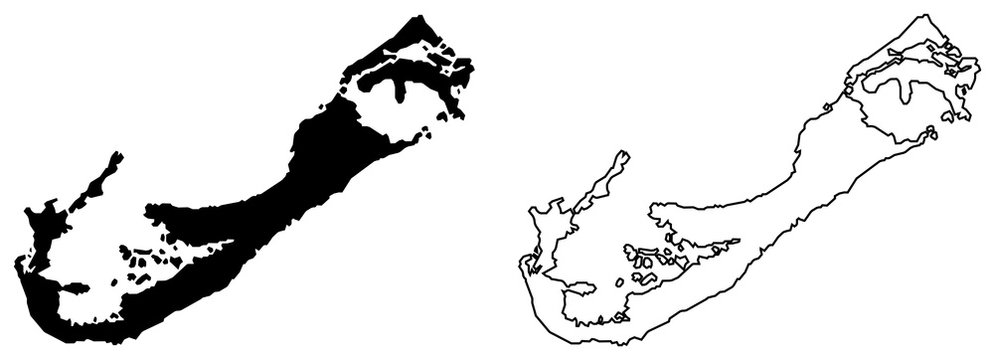 Simple (only sharp corners) map of Bermuda vector drawing. Mercator projection. Filled and outline version.