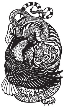 eagle snake and tiger. Three spiritual symbolic animals . Black and white tattoo style vector illustration