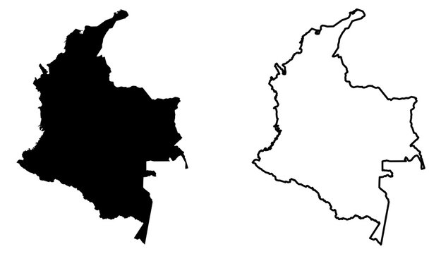 Simple (only sharp corners) map of Colombia vector drawing. Mercator projection. Filled and outline version.