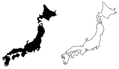 Simple (only sharp corners) map of Japan vector drawing. Filled and outlined version.