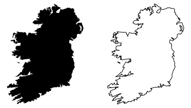 Simple (only sharp corners) map of Ireland (whole island, including northern British part) vector drawing. Mercator projection. Filled and outline version.