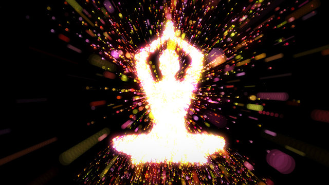 Female figure as silhouette in yoga pose with streams of radiating energy