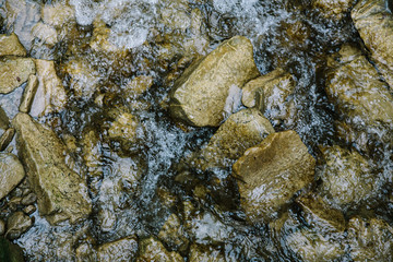 stony bottom of a mountain transparent fresh carpathian river texture background. Close up
