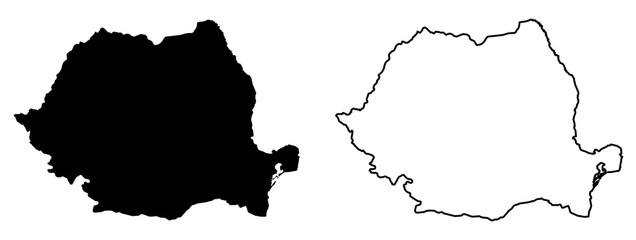 Simple (only sharp corners) map of Romania vector drawing. Mercator projection. Filled and outline version. - obrazy, fototapety, plakaty