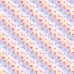 Seamless watercolor pattern of various sewing tools. Sewing kit, accessories and equipment for sewing. Scissors, buttons, bobbins with thread and needles