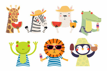 Set of cute funny summer animals in hats, sunglasses, with watermelon. Isolated objects on white background. Hand drawn vector illustration. Scandinavian style flat design. Concept for children print.