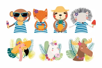 Sierkussen Set of cute funny summer animals in hats, sunglasses, with ice cream. Isolated objects on white background. Hand drawn vector illustration. Scandinavian style flat design. Concept for children print. © Maria Skrigan