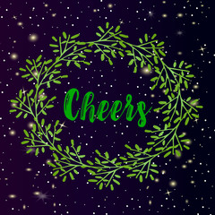 Fototapeta premium Christmas vector postcard - Christmas wreath and snow on a dark gradient ony with bokeh