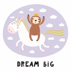 Foto auf Acrylglas Hand drawn vector illustration of a cute funny sloth flying a unicorn in the sky, with quote Dream big. Isolated objects on white background. Scandinavian style flat design. Concept for children print © Maria Skrigan