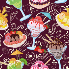 Seamless Pattern, Cups and Glasses, Ice Cream with Berries, Waffles, Nuts and Sweet Syrup on Background with White Outline Pictograms. Vector