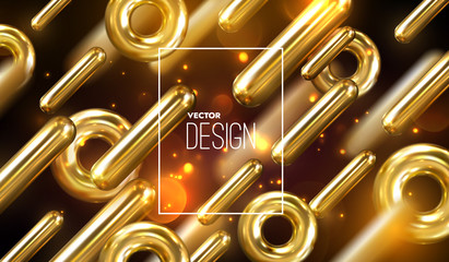 Geometric 3d primitives trendy cover design. Vector realistic illustration of golden flowing capsule and torus shapes with frame for text and sparkles. Modern banner template