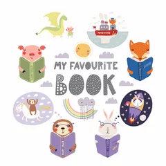 Wall murals Illustrations Set of cute funny animals with books, bunny, sloth, fox, pig, with quote. Isolated objects on white background. Hand drawn vector illustration. Scandinavian style flat design. Concept children print.