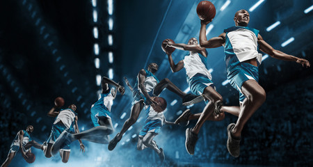 Collage. Basketball player in motion or movement on big professional arena during the game. Player...
