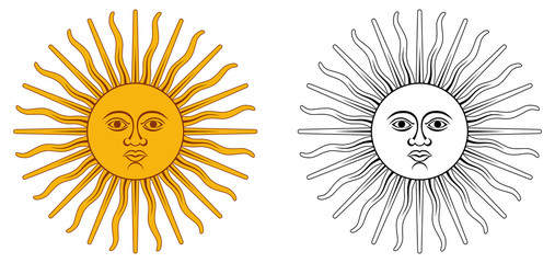 Sun of May - national emblem of Argentina and Uruguay. Yellow circle with human face, with 32 rays, 16 straight / wavy, representing Inti god. Color / black and white version.