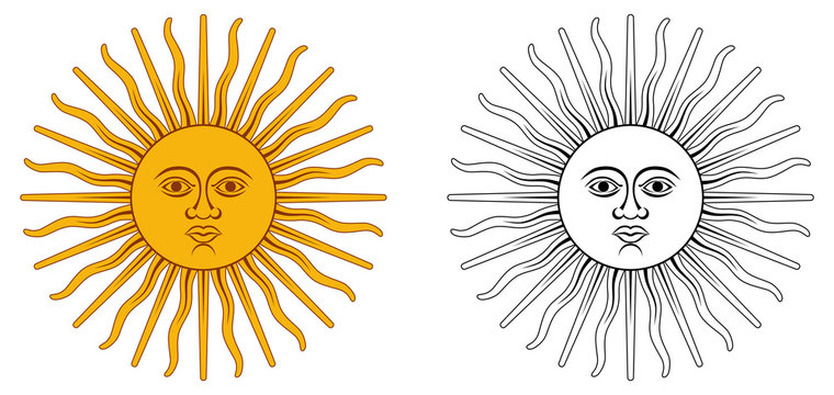 Sun of May - national emblem of Argentina and Uruguay. Yellow circle with human face, with 32 rays, 16 straight / wavy, representing Inti god. Color / black and white version.
