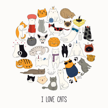 Set of cute funny doodles of different cats, in a circle design, with