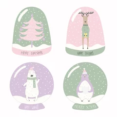 Foto op Canvas Set of snow globes with tree, deer, polar bear, penguin, lettering quotes. Isolated objects on white background. Hand drawn vector illustration. Flat style design. Concept for Christmas card, invite. © Maria Skrigan