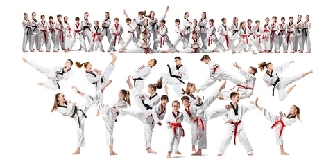 Fotobehang The collage about group of kids training karate martial arts and posing on white backlground. The attack, sport, taekwondo, children activity concept © master1305