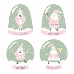 Sierkussen Set of snow globes with different Santa Clauses, with lettering quotes. Isolated objects on white background. Hand drawn vector illustration. Flat style design. Concept for Christmas card, invite. © Maria Skrigan