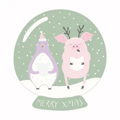 Fotobehang Hand drawn vector illustration of a cute funny penguin, pig, in a snow globe, with quote Merry Xmas. Isolated objects on white background. Flat style design. Concept for Christmas card, invite. © Maria Skrigan