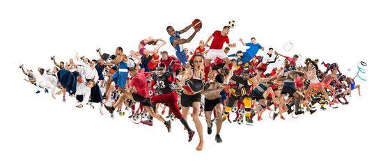 Attack. Sport collage about kickboxing, soccer, american football, basketball, ice hockey,...