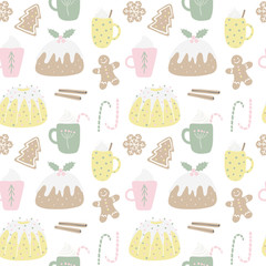 Seamless repeat pattern with different Christmas sweets, on a white background. Hand drawn vector illustration. Flat style design. Concept for Christmas textile print, wallpaper, wrapping paper.