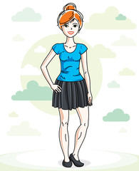 Beautiful young red-haired woman standing on background with blue heavens clouds and wearing fashionable casual clothes. Vector human illustration.