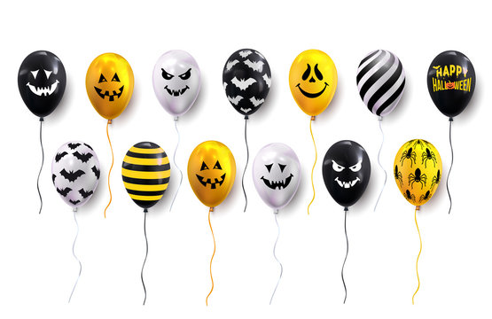 Happy Halloween. Holiday concept set of with holiday colorful balloons, for banner, poster, greeting card, party invitation. Vector illustration. Isolated on white background.