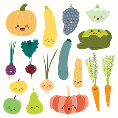 Big set of cute funny fruits and vegetables with kawaii faces. Isolated objects on white background. Hand drawn vector illustration. Flat style design. Concept for autumn harvest, healthy food.